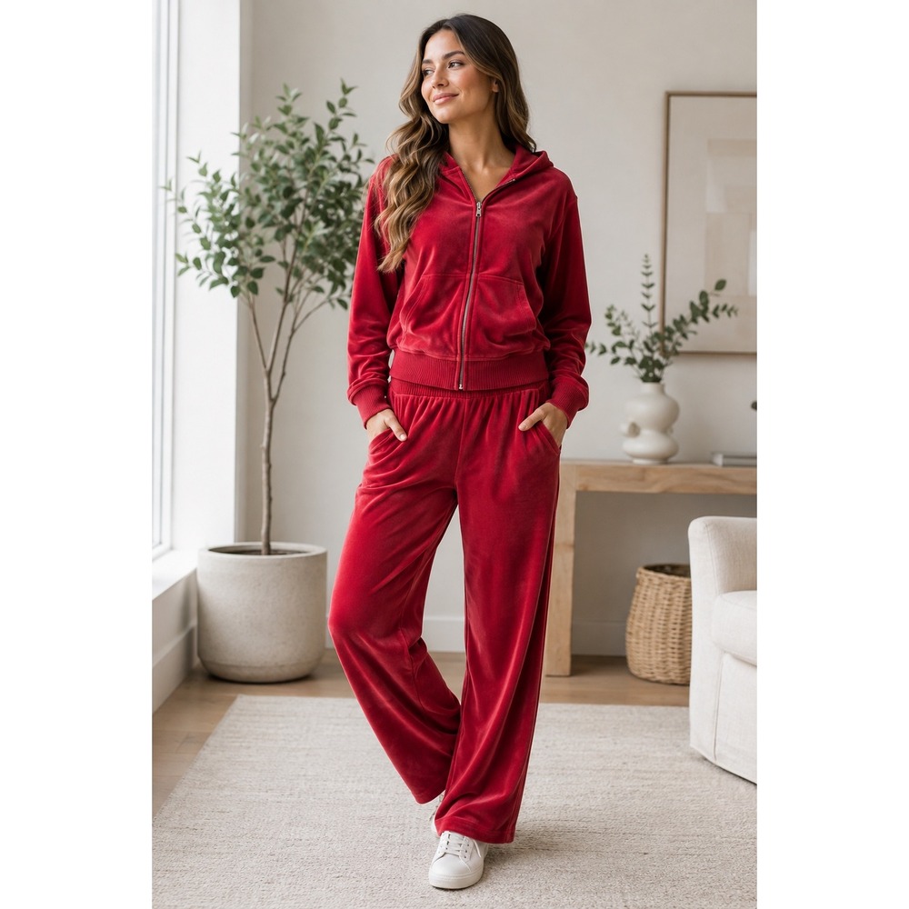 Lauren Ralph Lauren Tracksuit Set Women PM Red Excellent Velour Zip Hoodie Pants